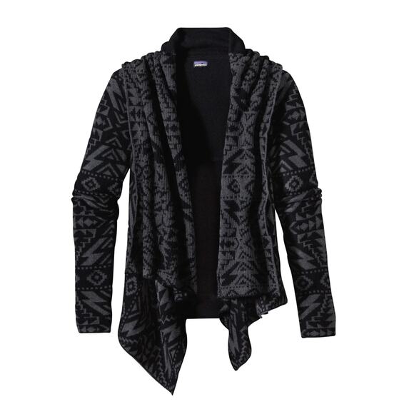 Patagonia Black/Gray Pine Mountain Wrap Jacquard Sweater Open Front Cardigan M - Picture 1 of 7